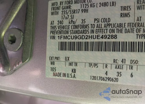 2017 Ford Escape Se z USA, uszkodzony, nr VIN 1FMCU9GD2HUE49288